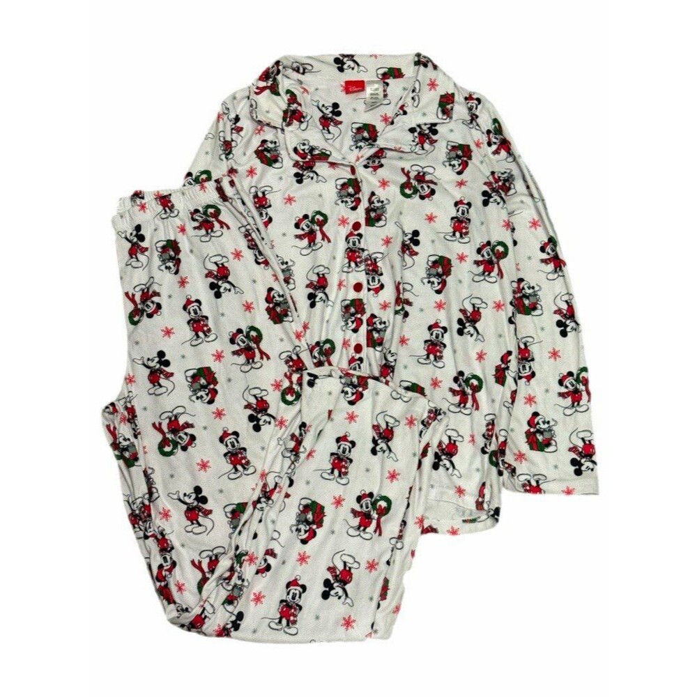 Disney Mickey Mouse Holiday Christmas Graphic Fleece Button-Up & Pants PJ Set L